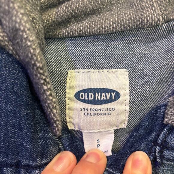 Old Navy Womens Blue Denim Hooded Jacket with Gray Sleeves Size Small - Picture 2 of 7